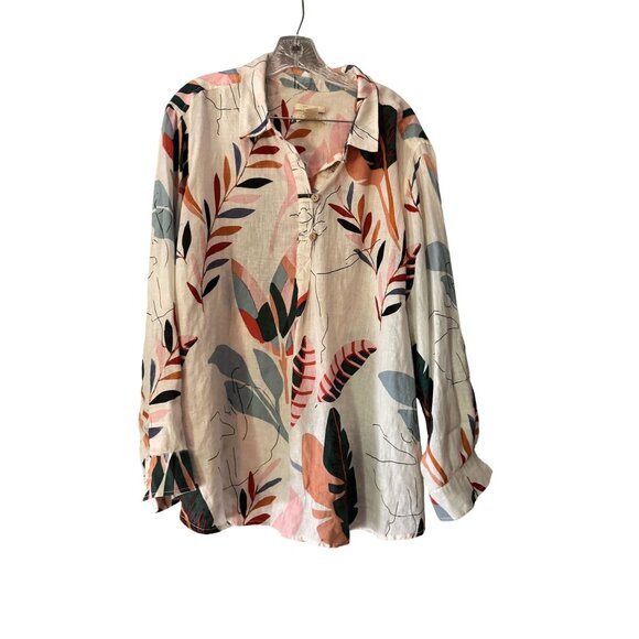 3X Cynthia Rowley Womens Floral Patterned 100% Linen Button-Front Collared Shirt - Picture 1 of 8